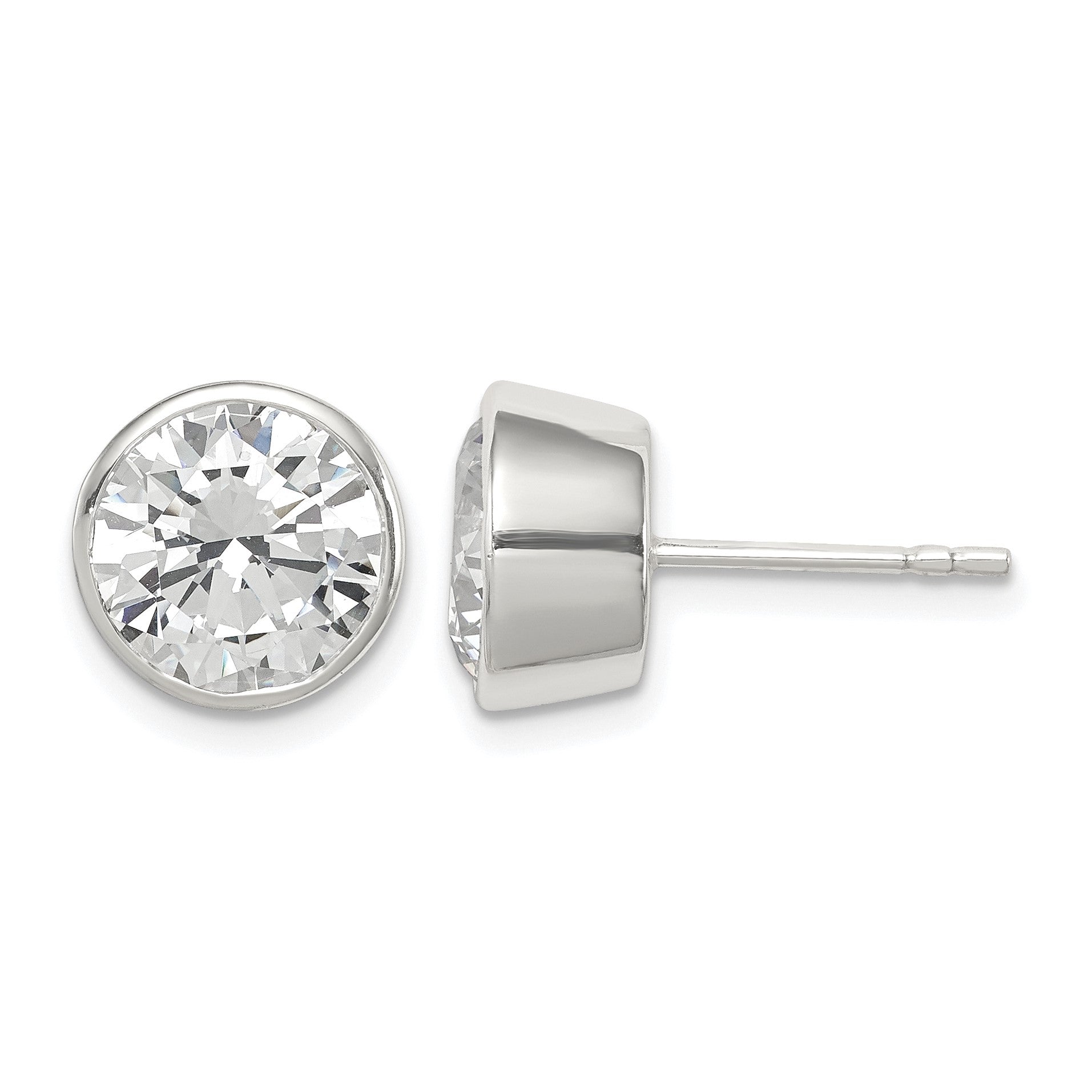 Sterling Silver Polished 9mm Round CZ Bezel Set Stud Earrings