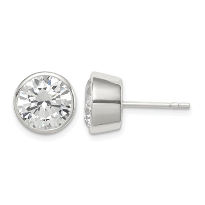 Sterling Silver Polished 9mm Round CZ Bezel Set Stud Earrings