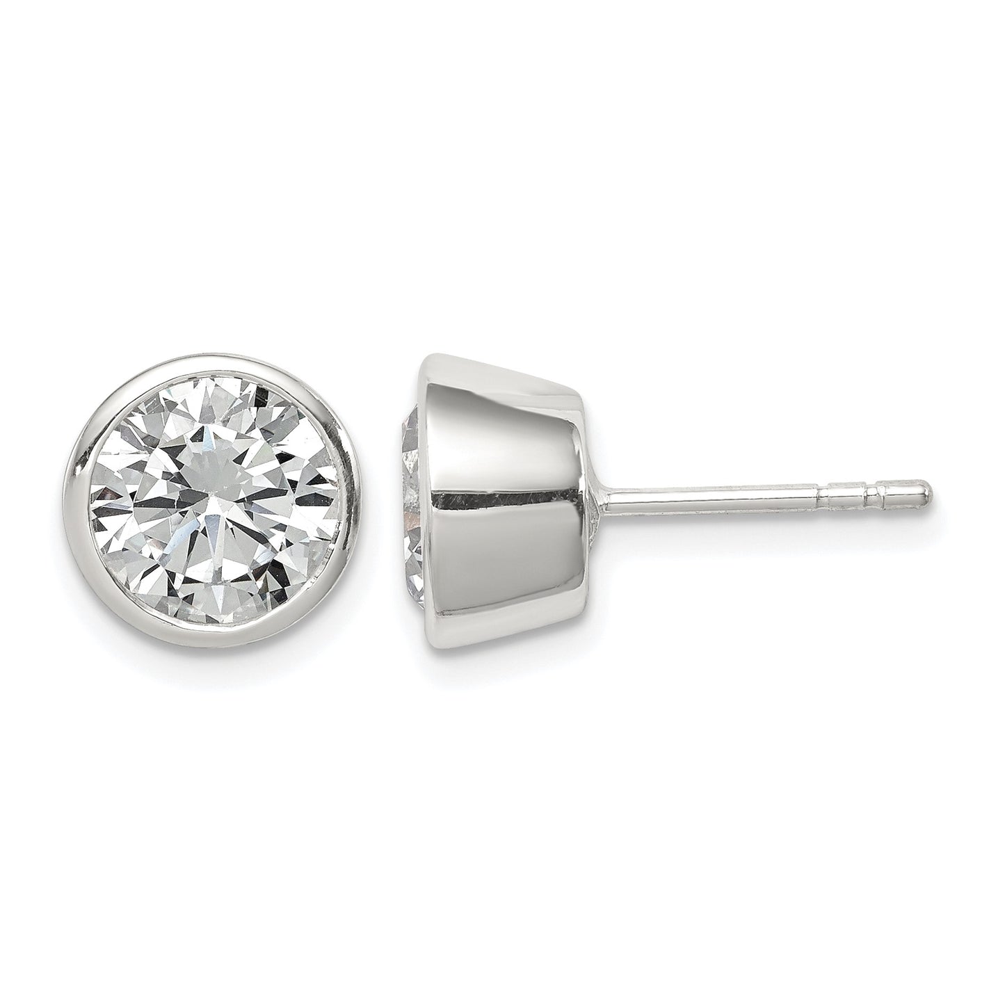 Sterling Silver Polished 8mm Round CZ Bezel Set Stud Earrings