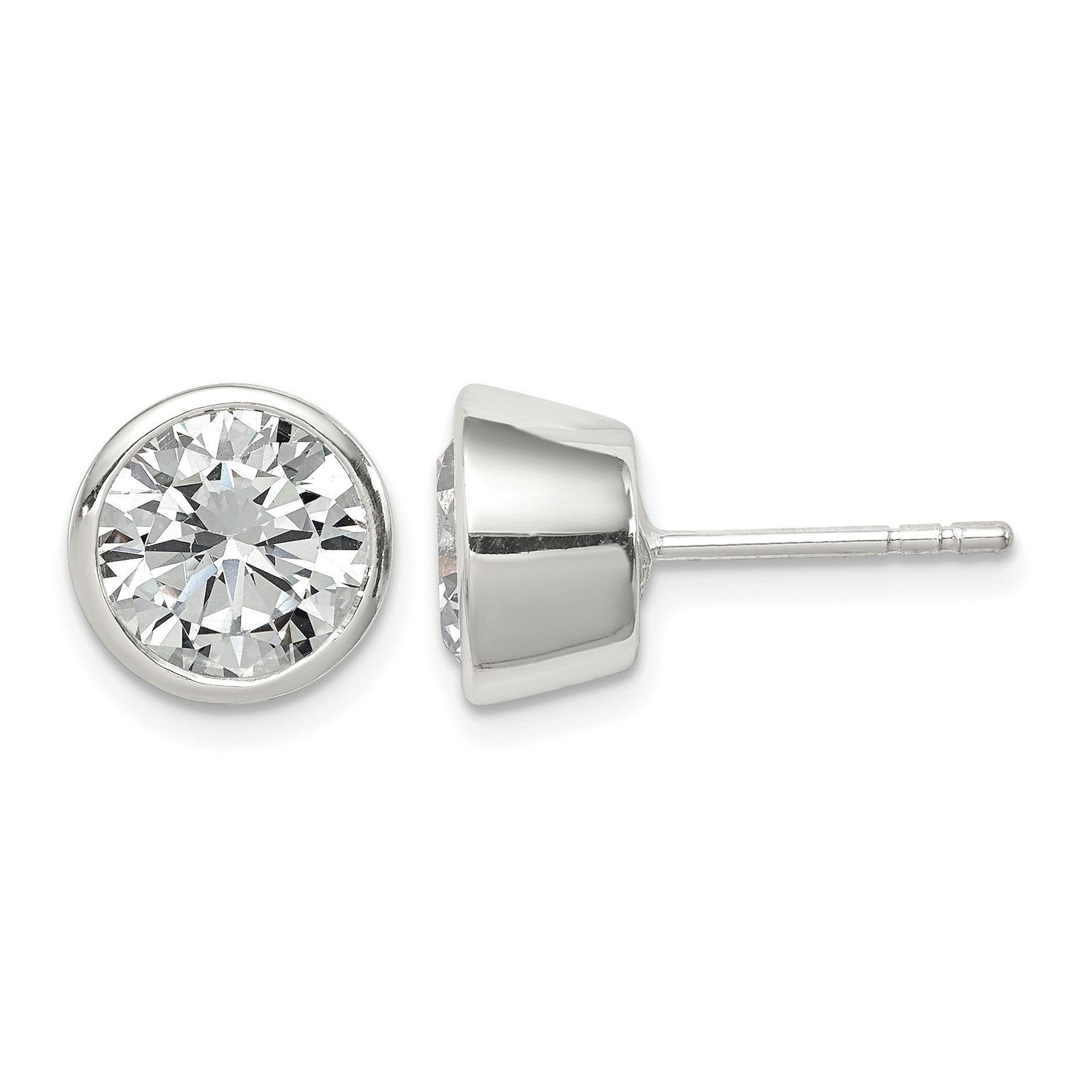 Sterling Silver Polished 8mm Round CZ Bezel Set Stud Earrings