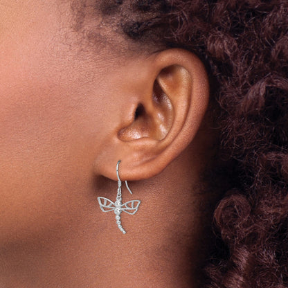 Sterling Silver Rhodium-plated CZ Dragonfly Earrings