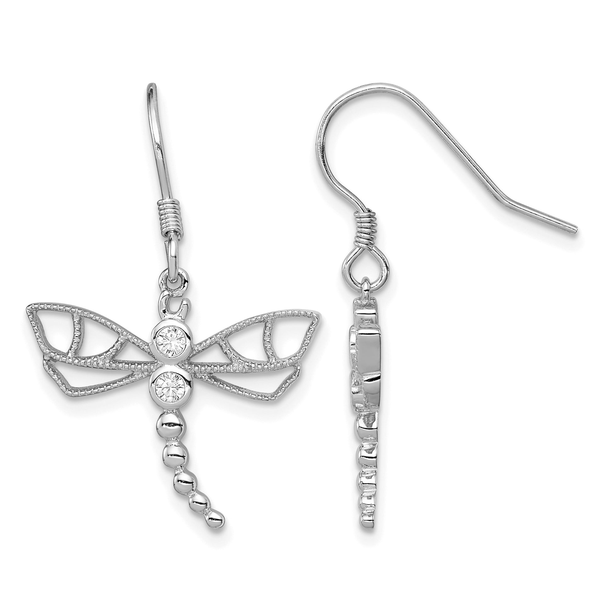Sterling Silver Rhodium-plated CZ Dragonfly Earrings