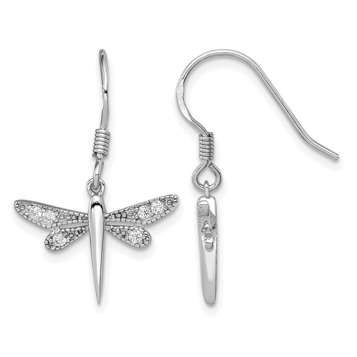 Sterling Silver Rhodium-plated Polished CZ Dragonfly Earrings