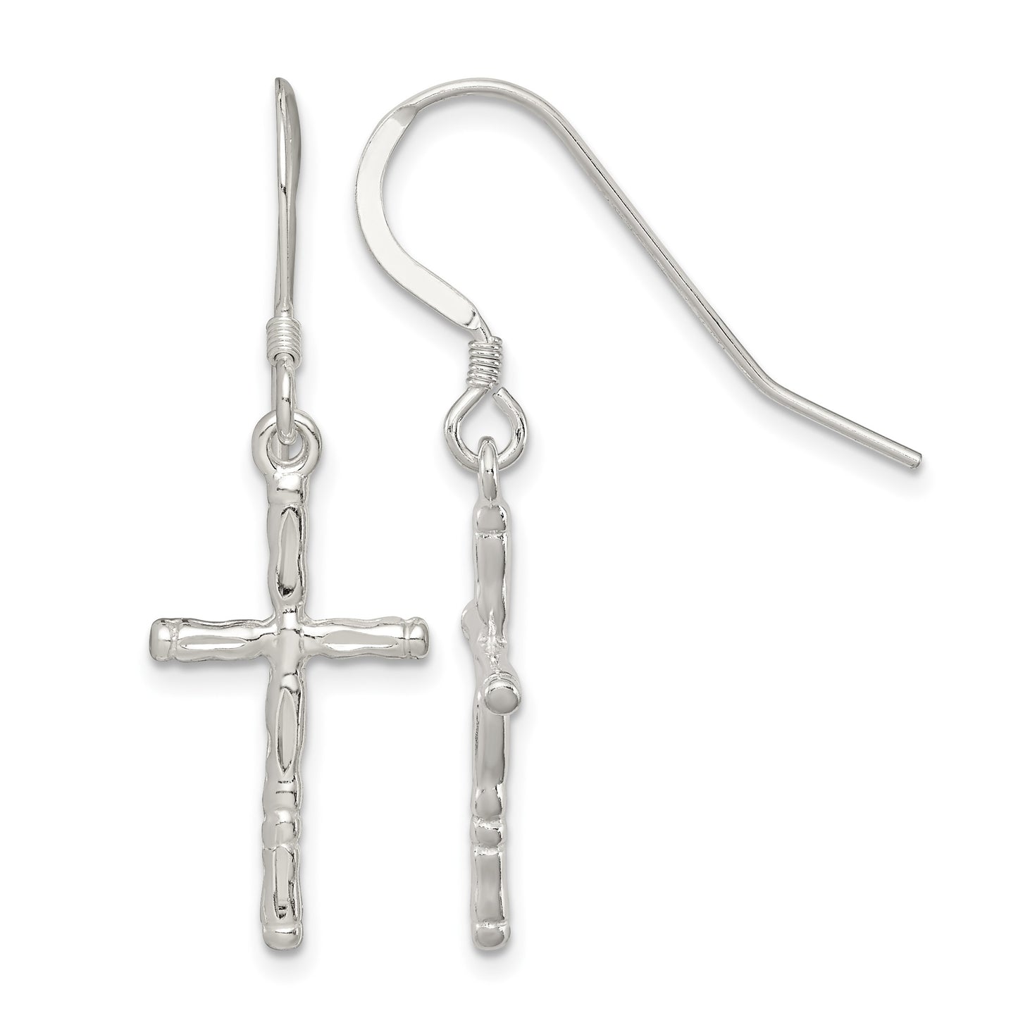 Sterling Silver Polished & Textured Cross Dangle Earrings