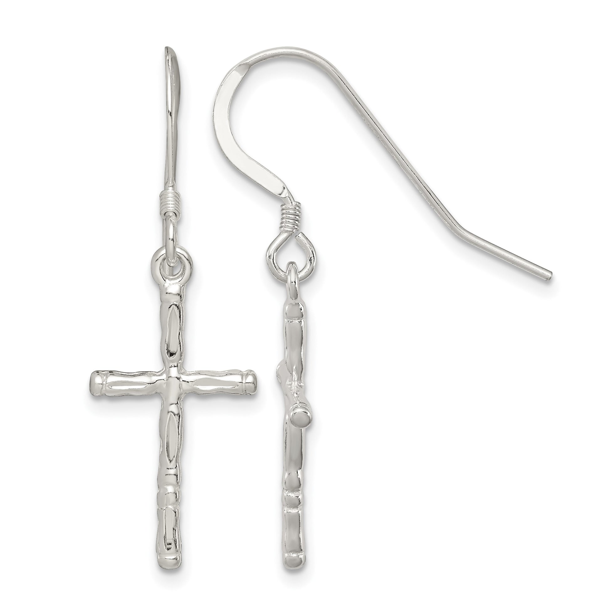 Sterling Silver Polished & Textured Cross Dangle Earrings
