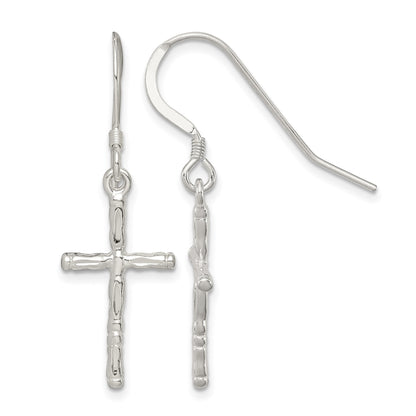 Sterling Silver Polished & Textured Cross Dangle Earrings