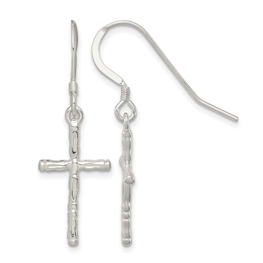 Sterling Silver Polished & Textured Cross Dangle Earrings