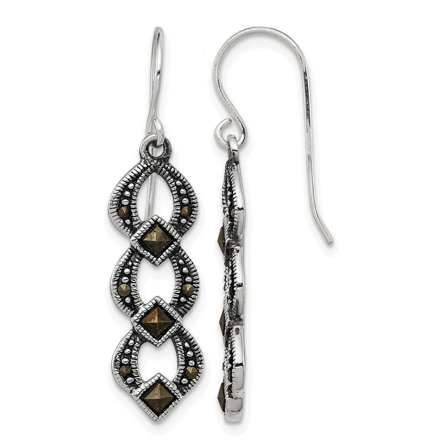 Sterling Silver Rhodium-plated Antiqued & Textured Marcasite Dangle Earring