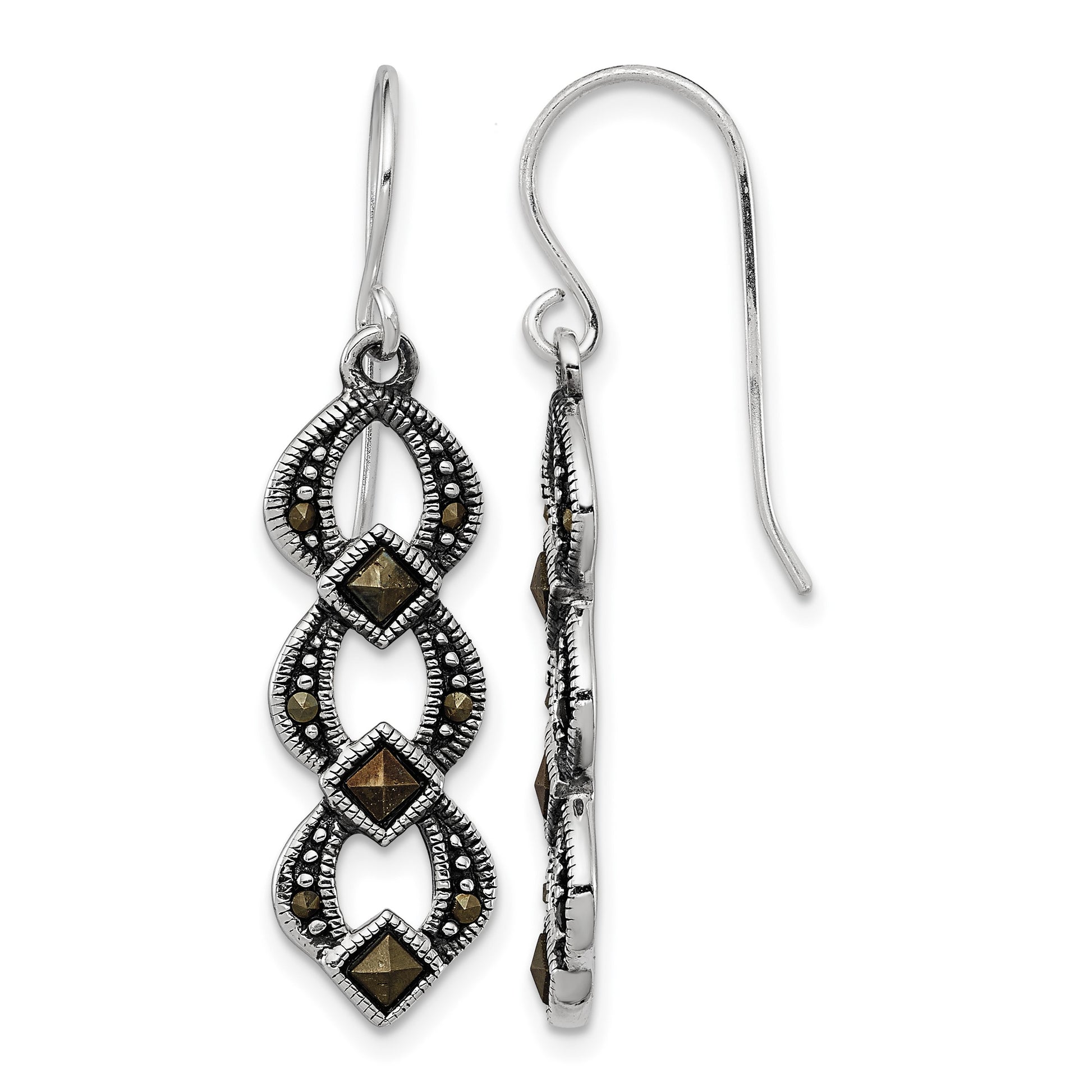Sterling Silver Rhodium-plated Antiqued & Textured Marcasite Dangle Earring