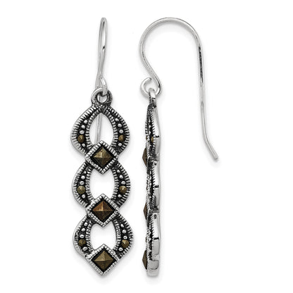 Sterling Silver Rhodium-plated Antiqued & Textured Marcasite Dangle Earring