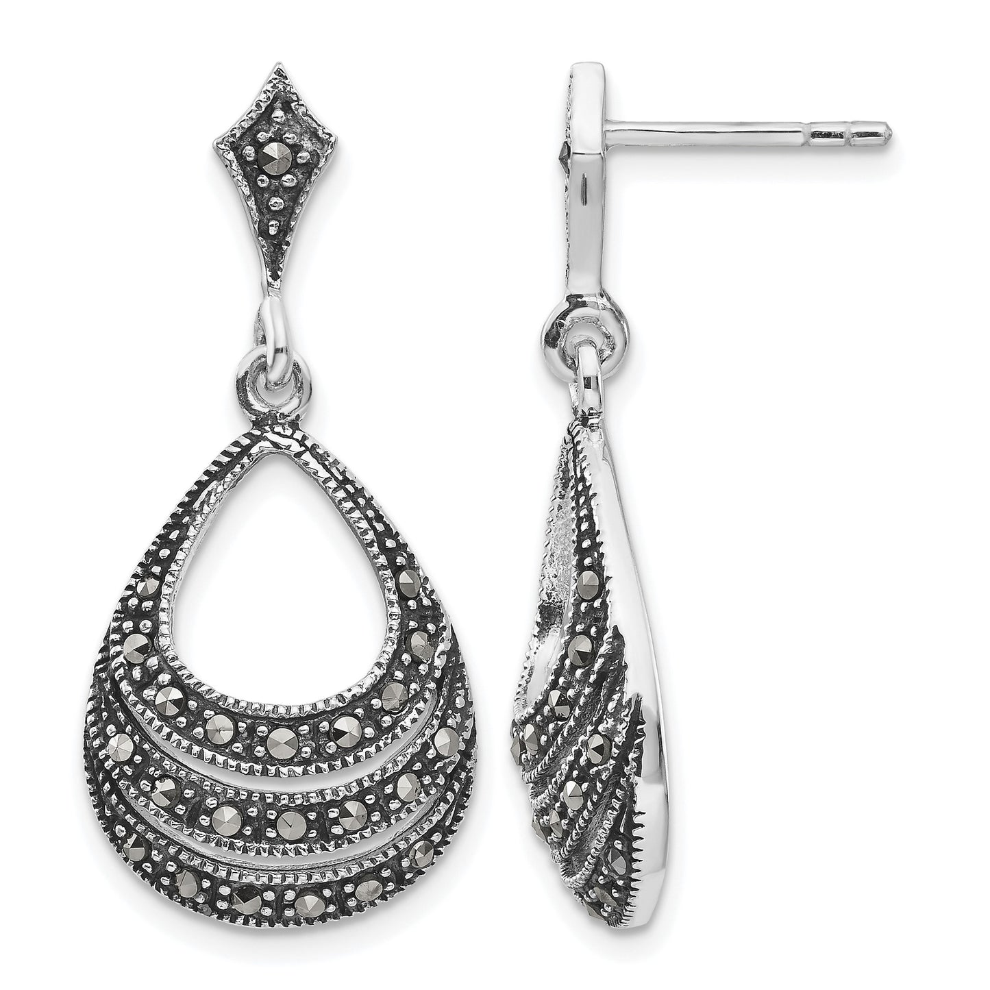 Sterling Silver RH-plated Textured Marcasite Teardrop Post Dangle Earrings