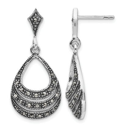 Sterling Silver RH-plated Textured Marcasite Teardrop Post Dangle Earrings