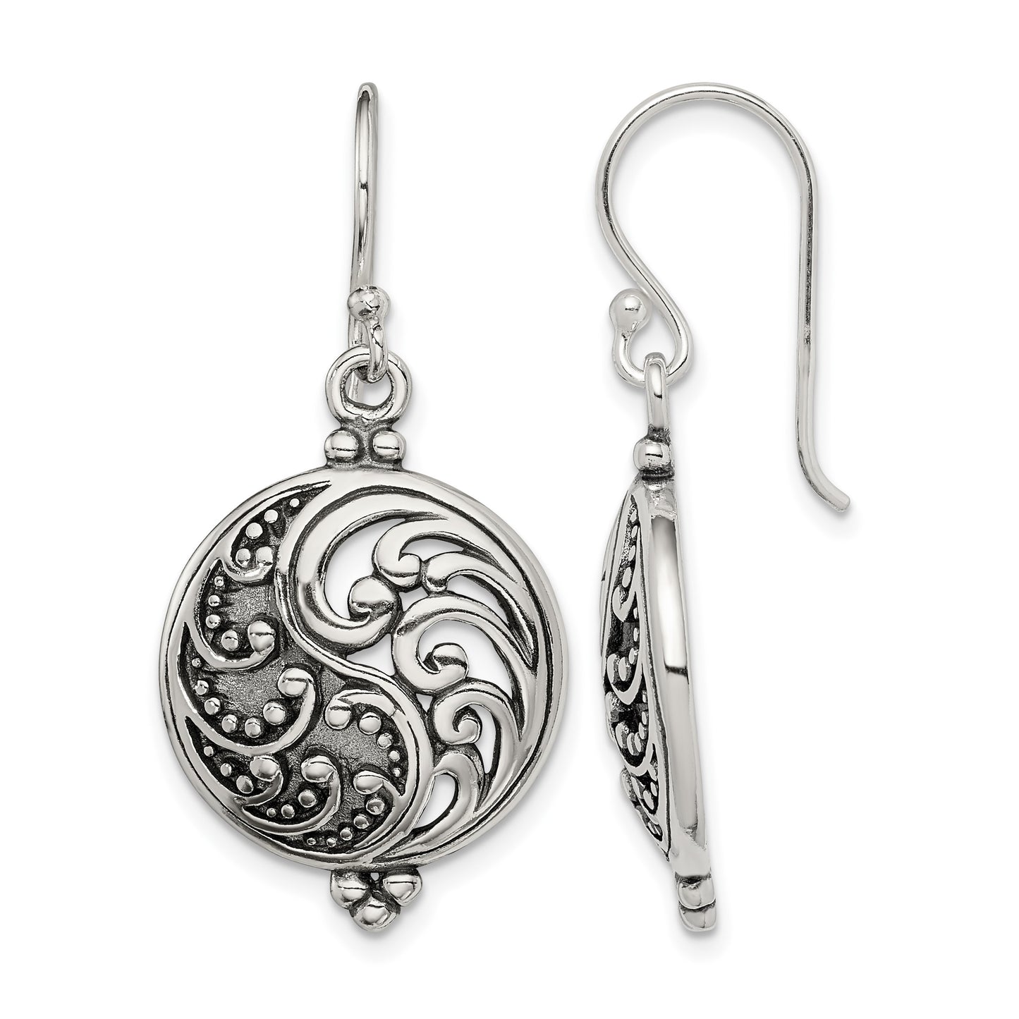 Sterling Silver Polished & Antiqued Filigree Yin and Yang Dangle Earrings