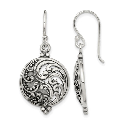 Sterling Silver Polished & Antiqued Filigree Yin and Yang Dangle Earrings