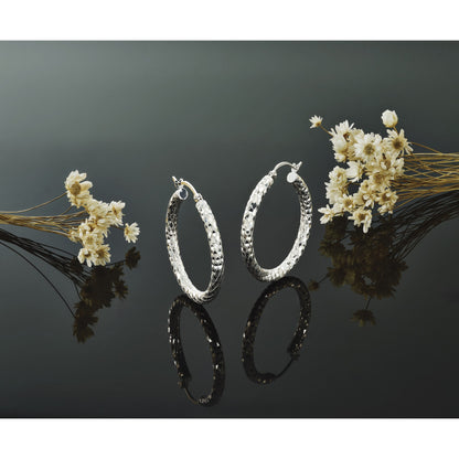 Sterling Silver Rhodium-plated 3.00mm Diamond-cut Hoop Earrings