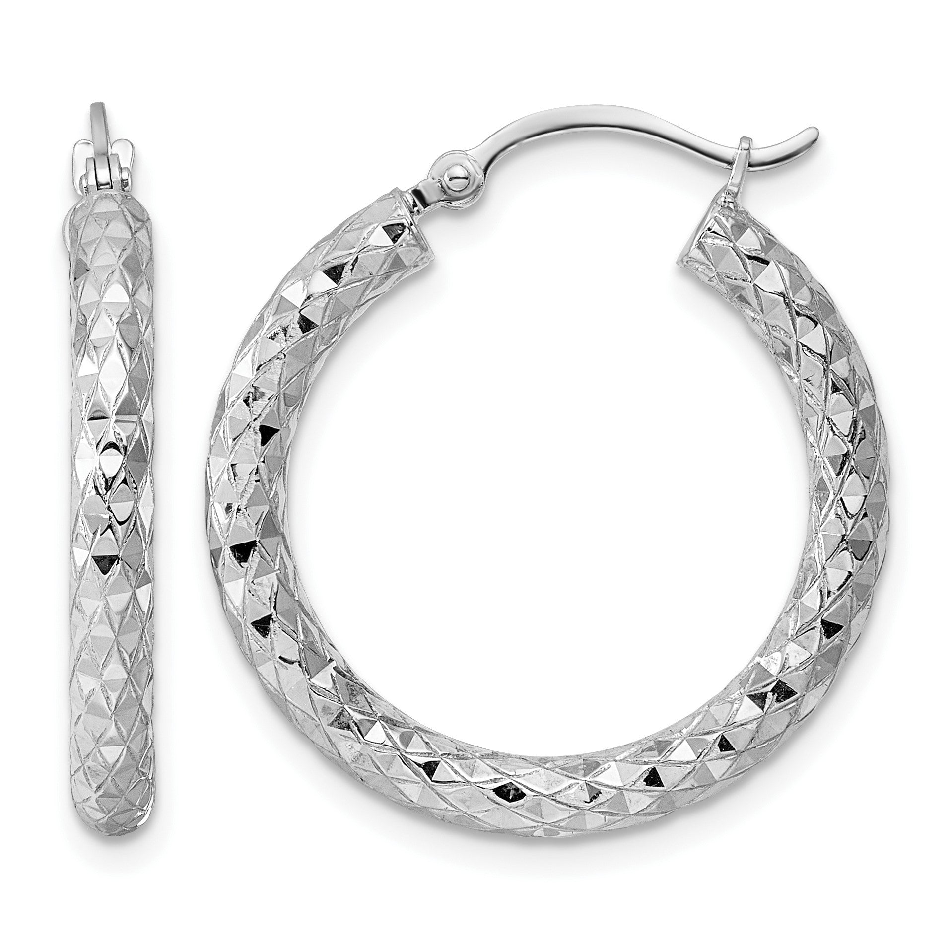 Sterling Silver Rhodium-plated 3.00mm Diamond-cut Hoop Earrings