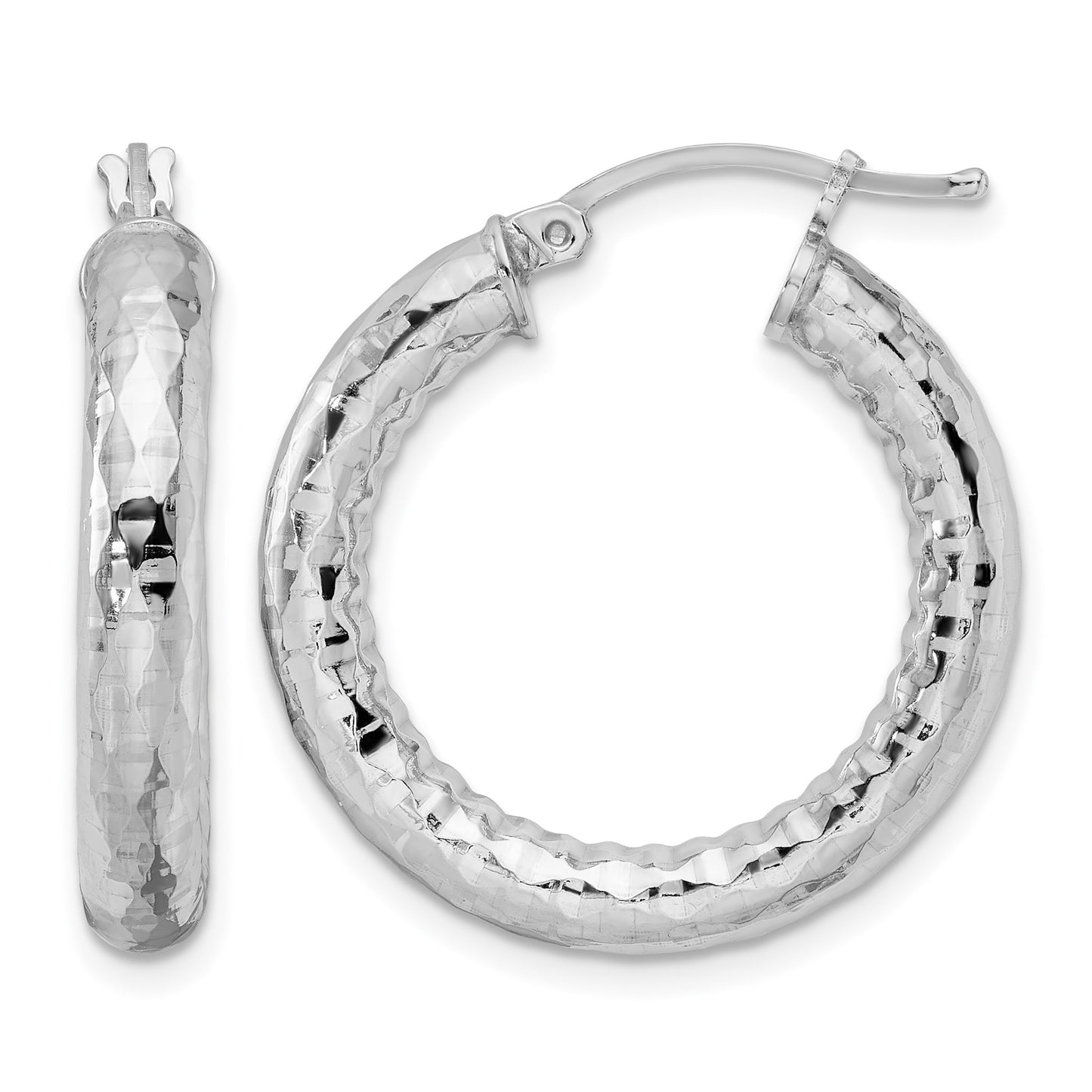 Sterling Silver Rhodium-plated 4.00mm Diamond-cut Hoop Earrings