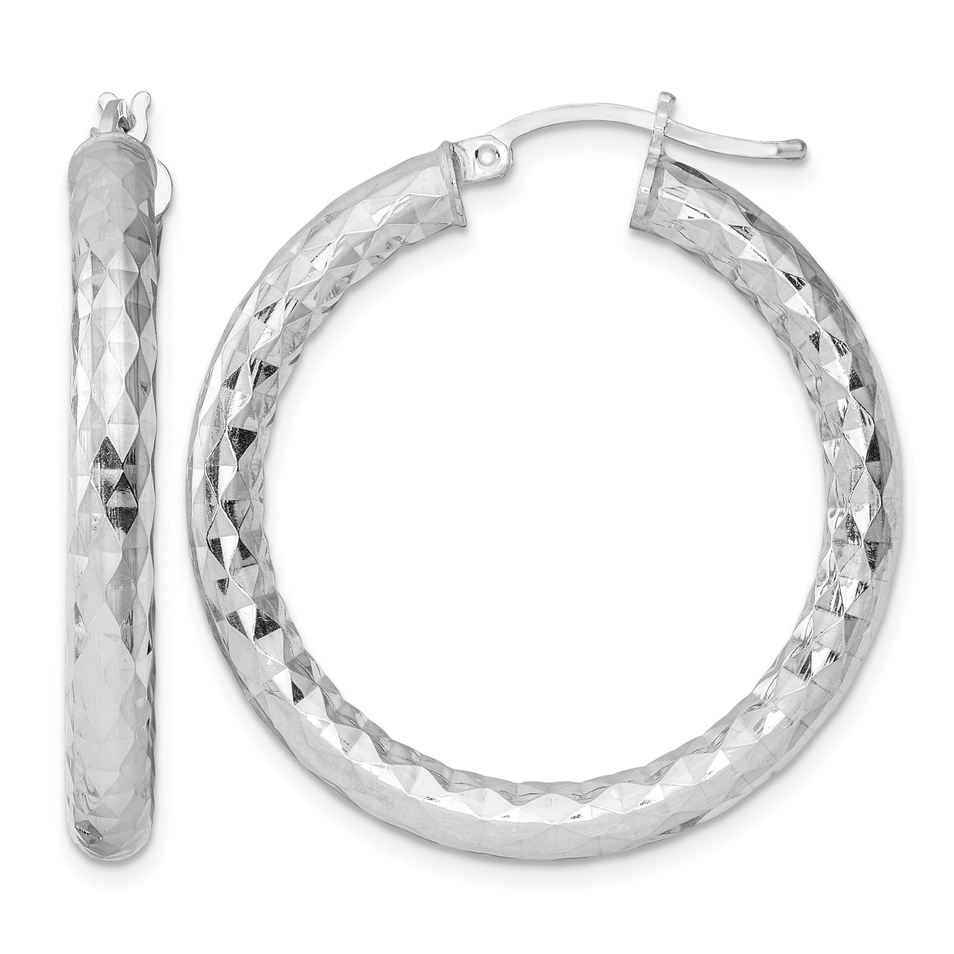 Sterling Silver Rhodium-plated 4.00mm Diamond-cut Hoop Earrings
