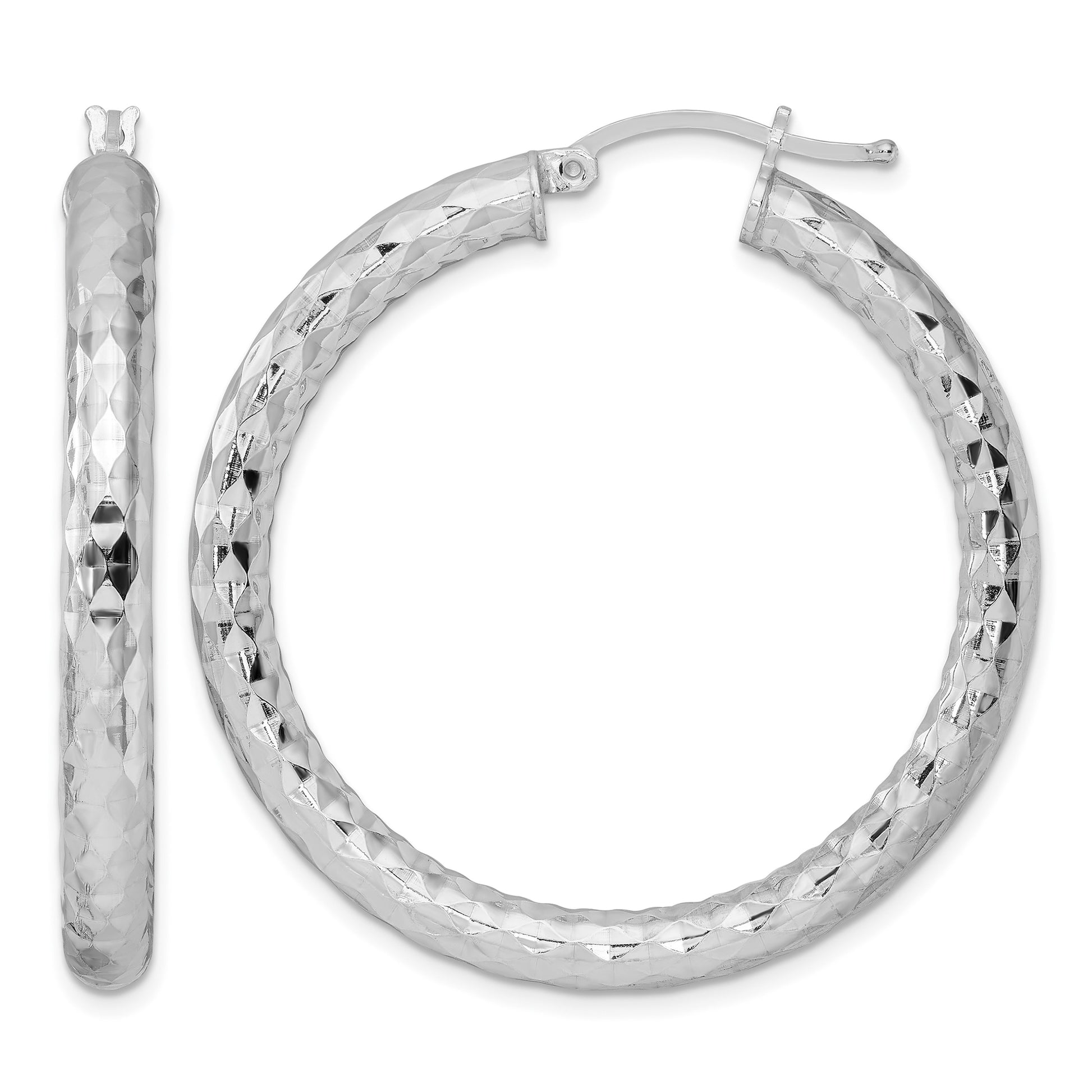Sterling Silver Rhodium-plated 4.00mm Diamond-cut Hoop Earrings
