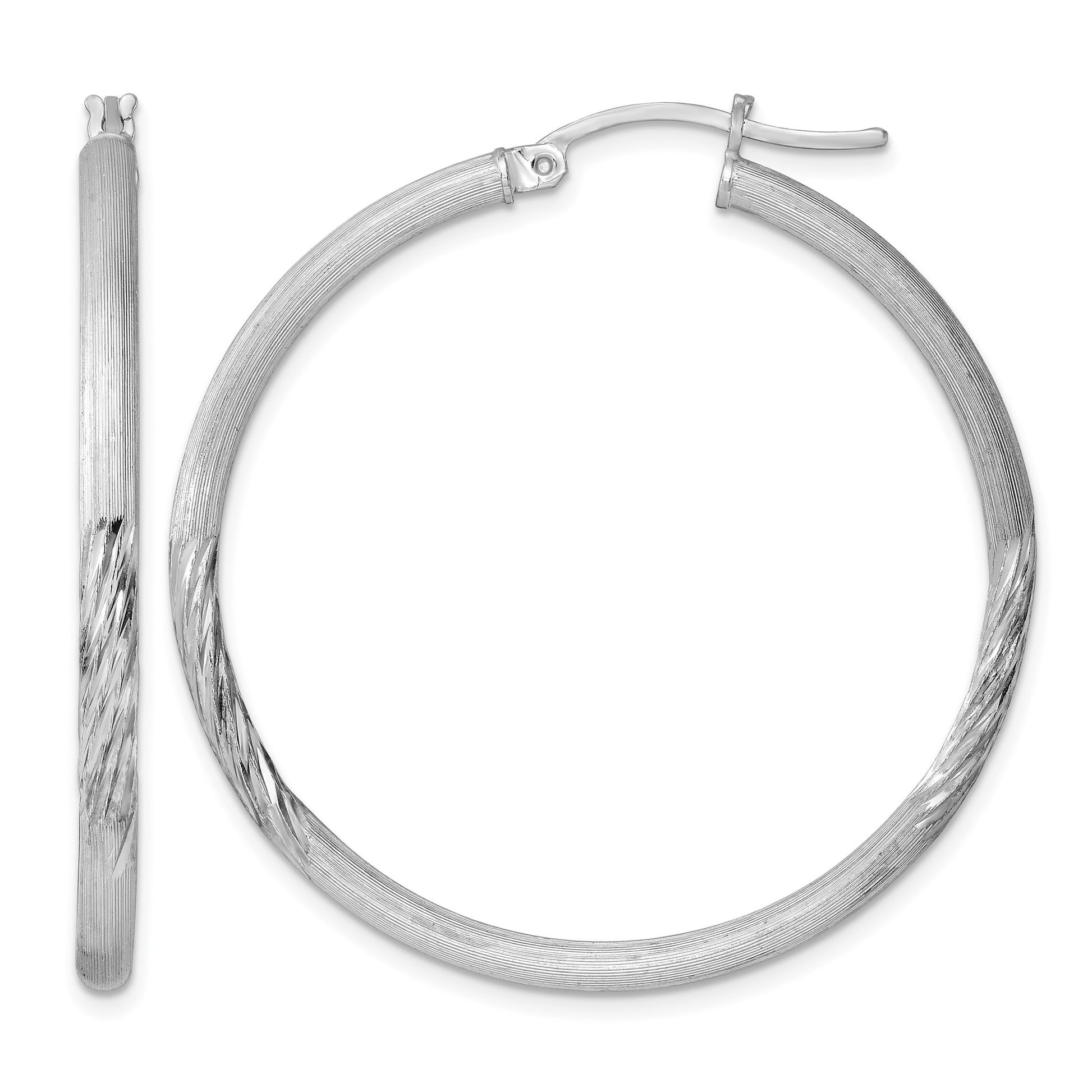 Sterling Silver Rhod-plated 2.5mm Polished/Satin Diamond-cut Hoop Earrings