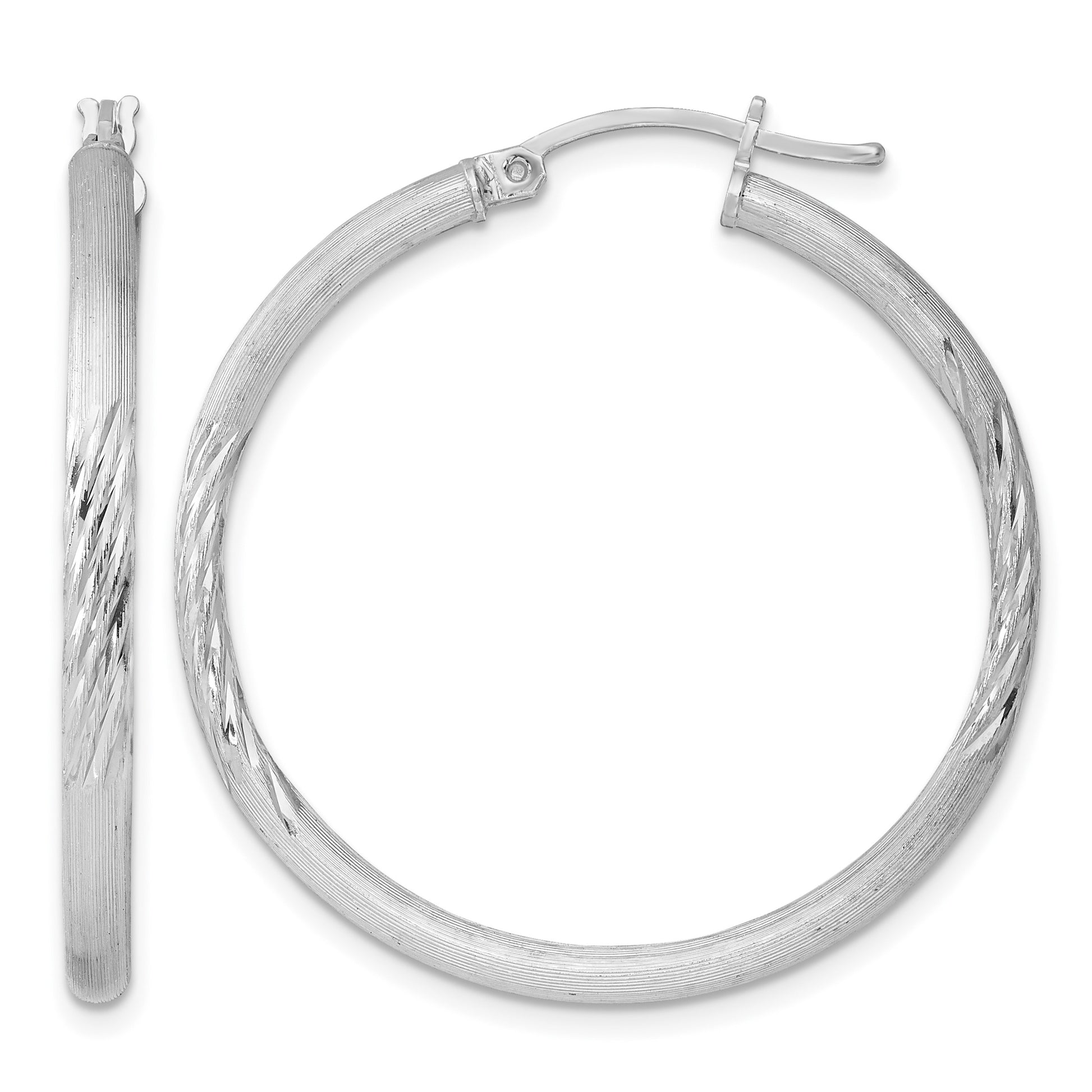 Sterling Silver Rhod-plated 2.5mm Polished/Satin Diamond-cut Hoop Earrings