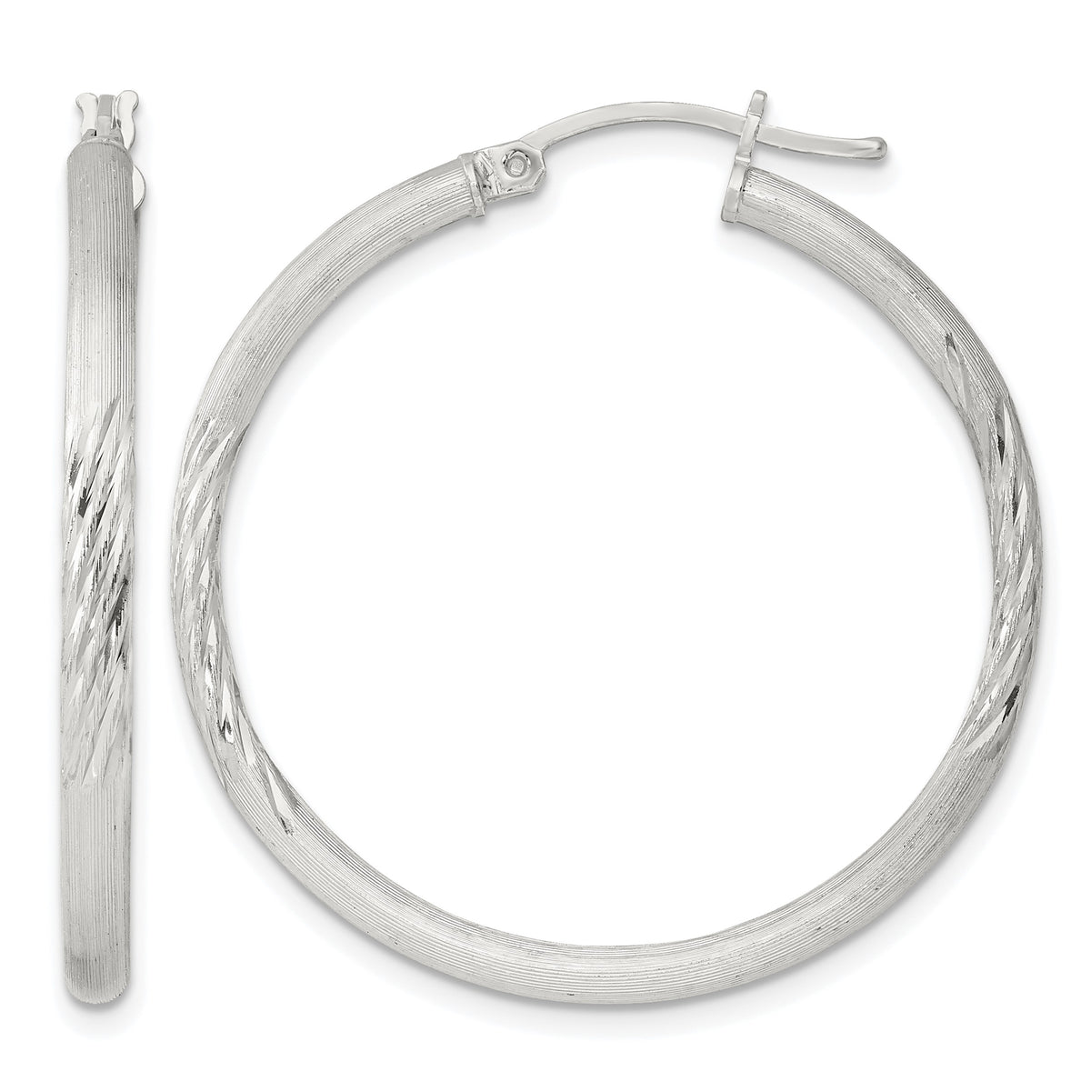 Sterling Silver 2.5mm Polished/Satin D/C Hoop Earrings
