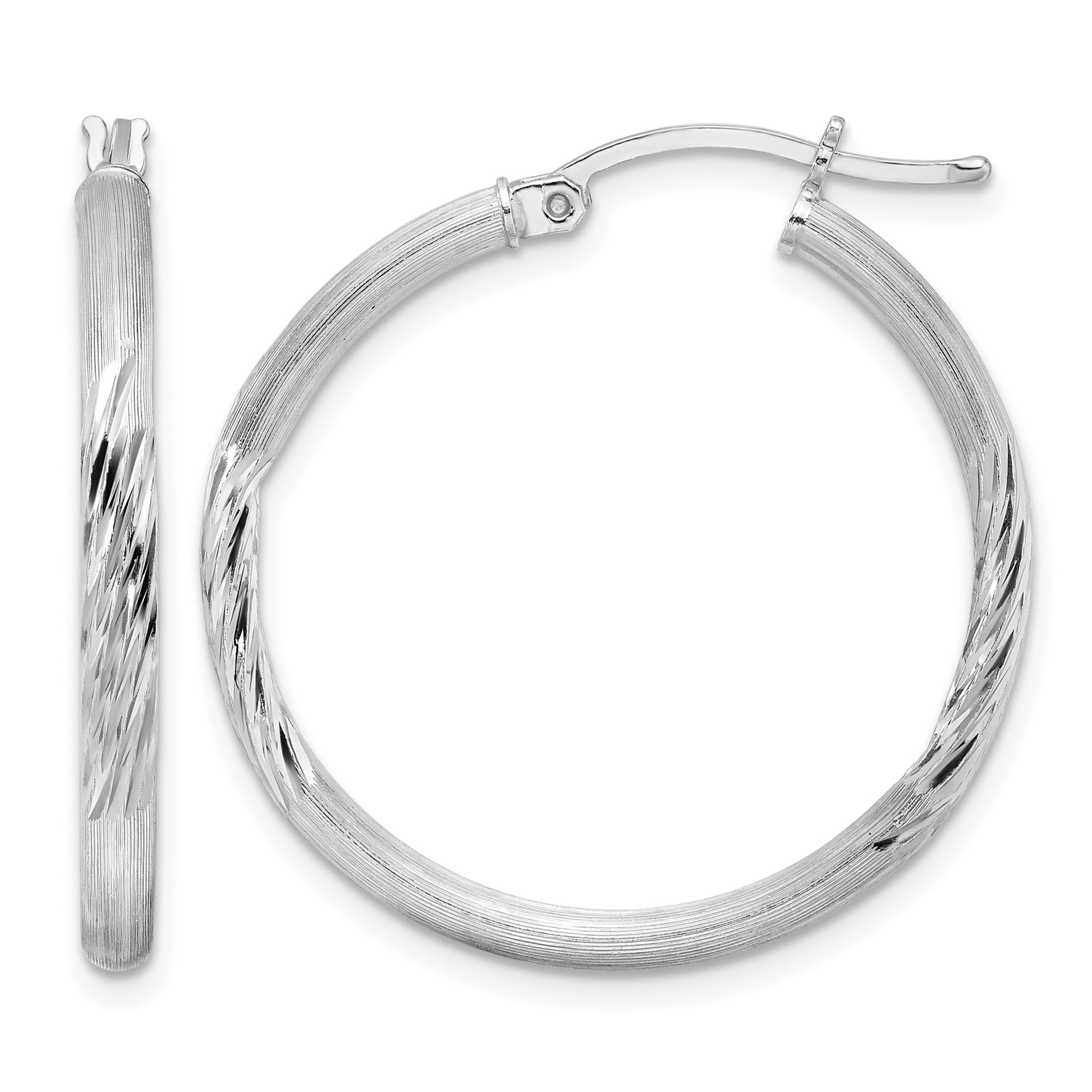 Sterling Silver Rhod-plated 2.5mm Polished/Satin Diamond-cut Hoop Earrings