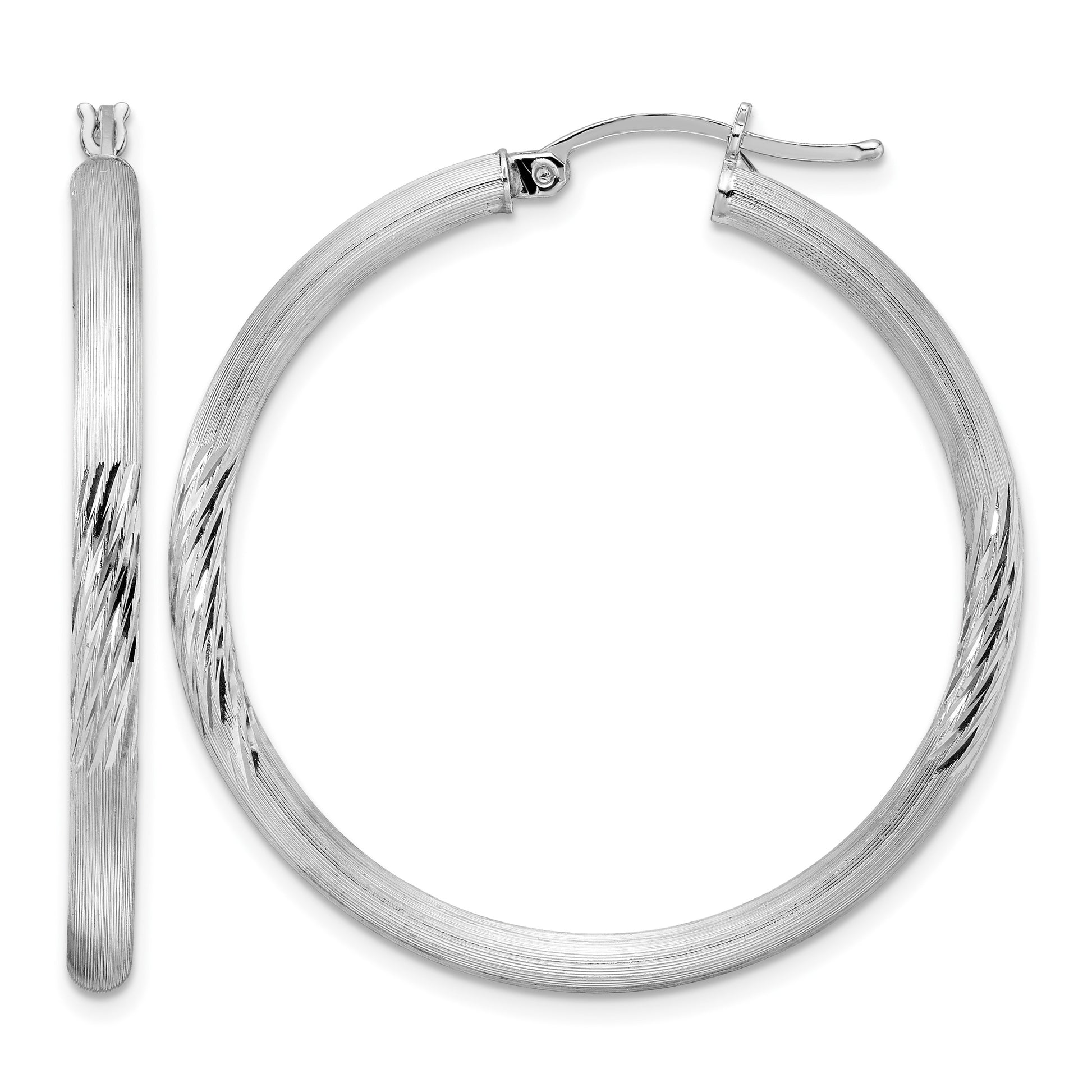 Sterling Silver Rhodium-plated 3mm Polished/Satin Diamond-cut Hoop Earrings