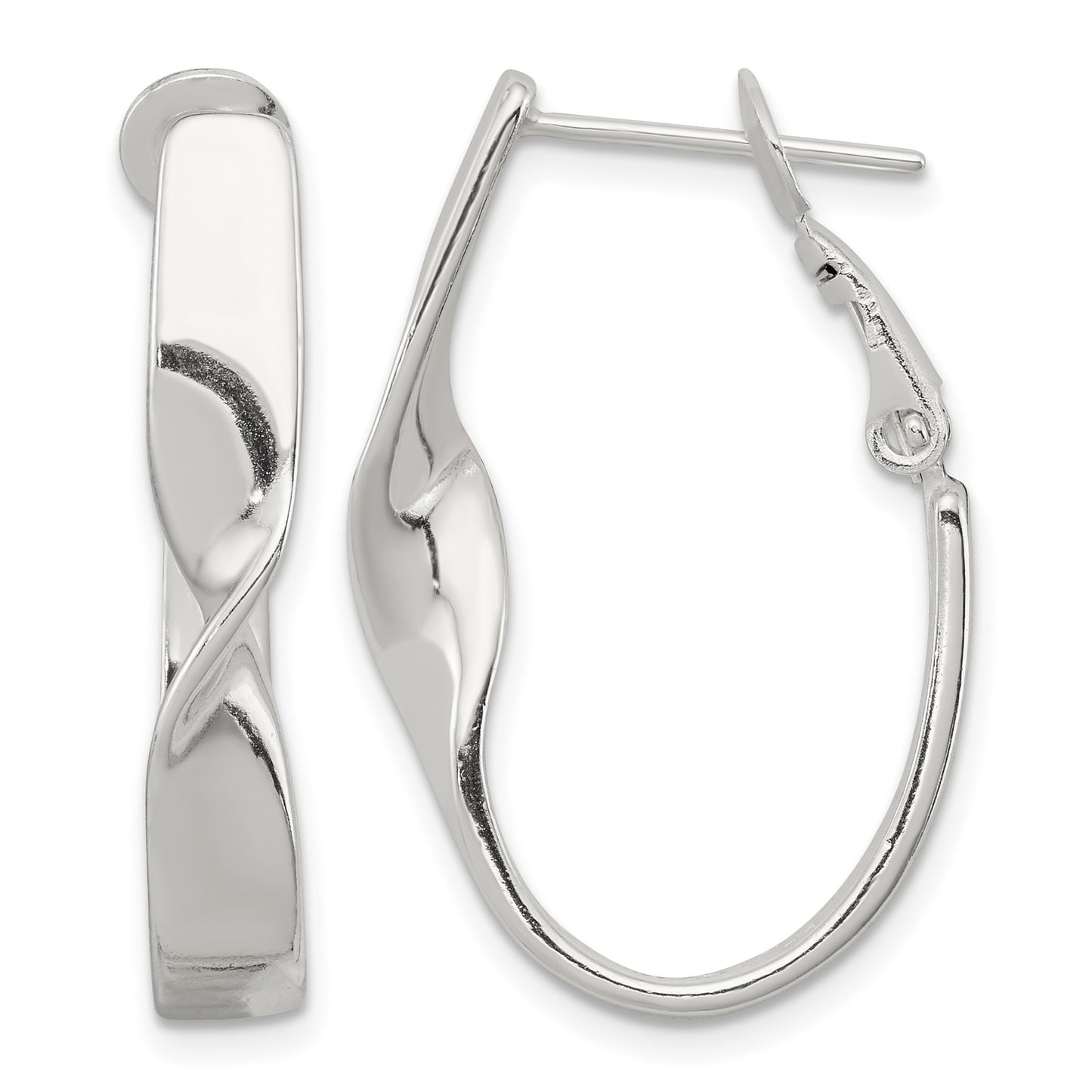 Sterling Silver Rhodium-plated Twisted Oval Omega Back Hoop Earrings