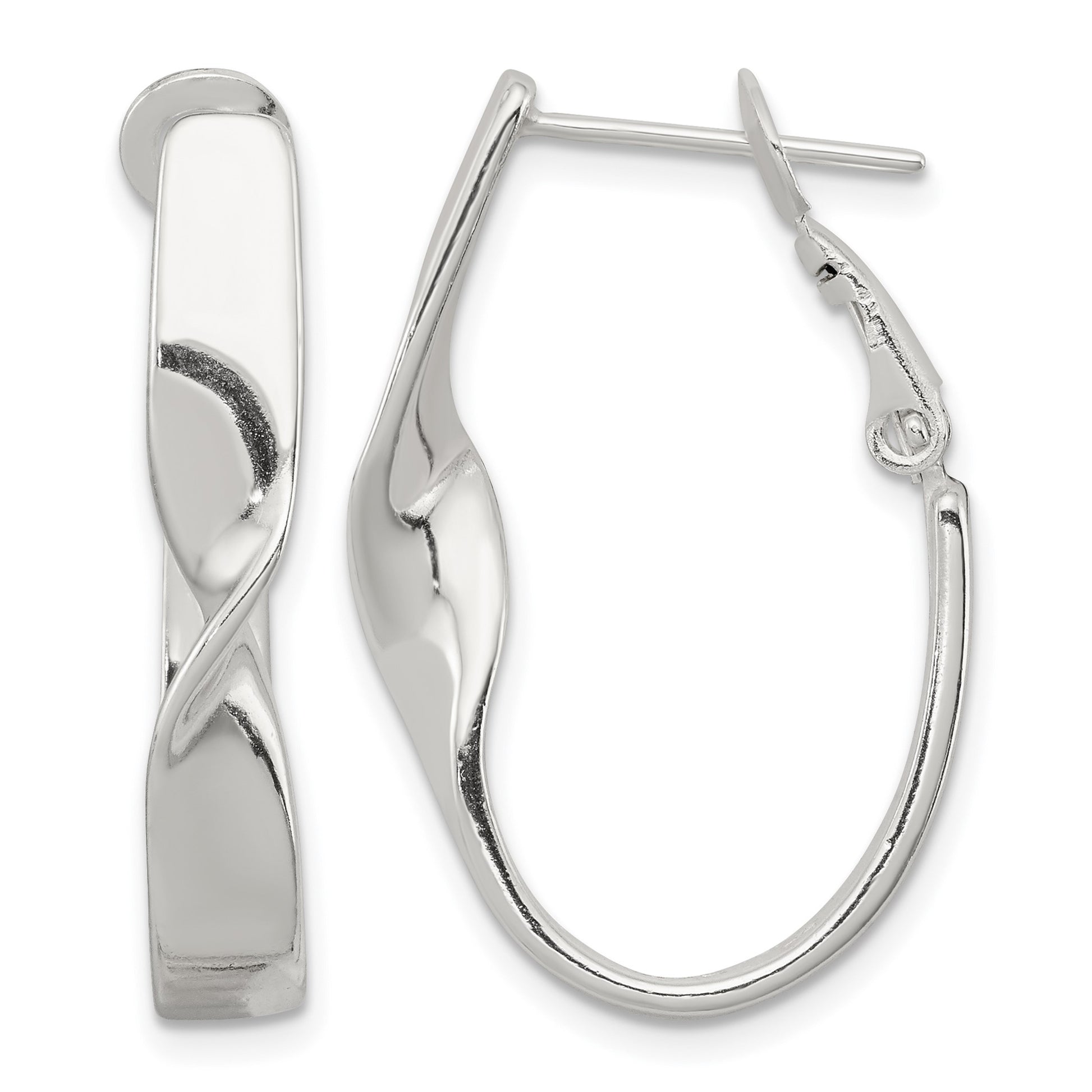 Sterling Silver Rhodium-plated Twisted Oval Omega Back Hoop Earrings