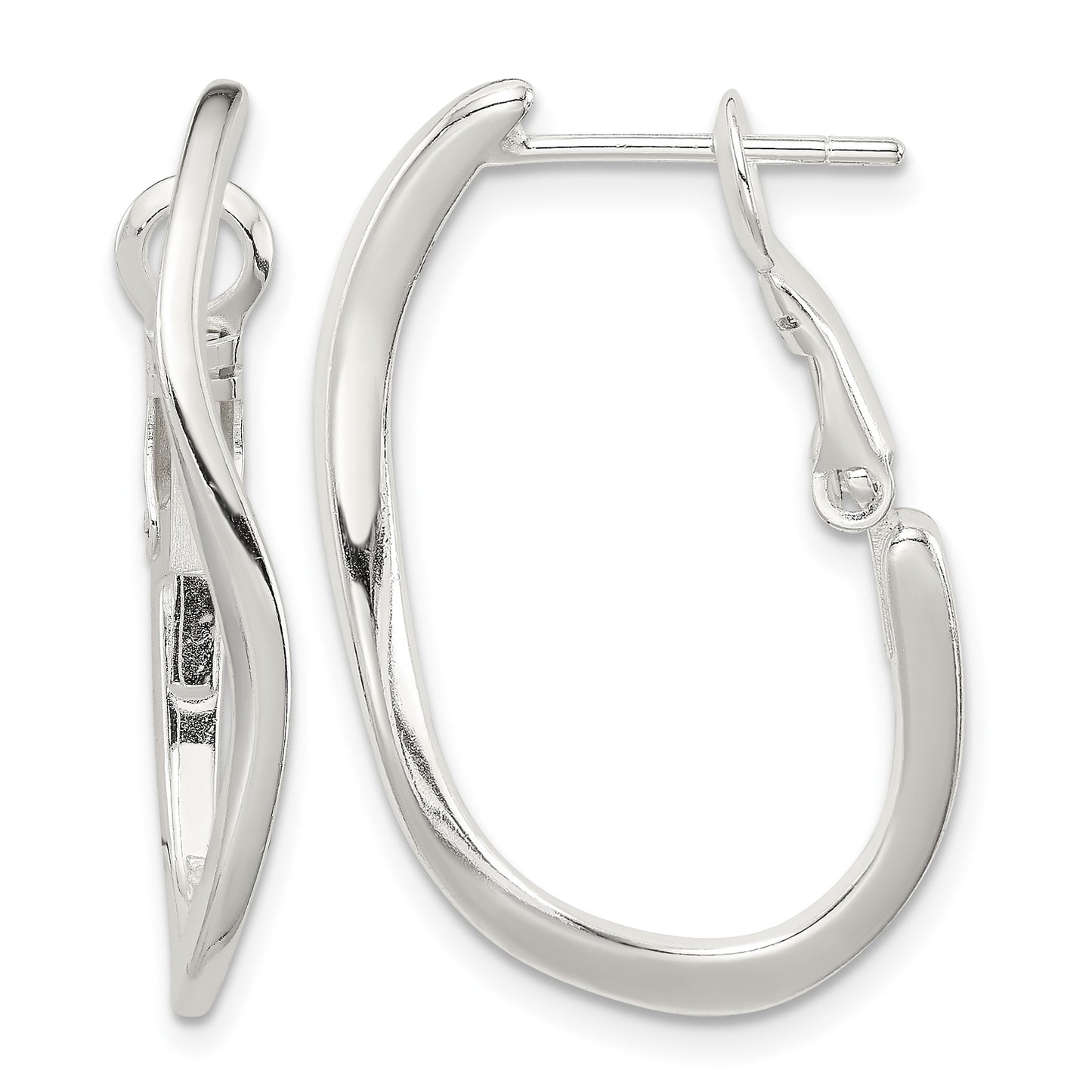 Sterling Silver Polished Wavy Omega Back Oval Hoop Earrings