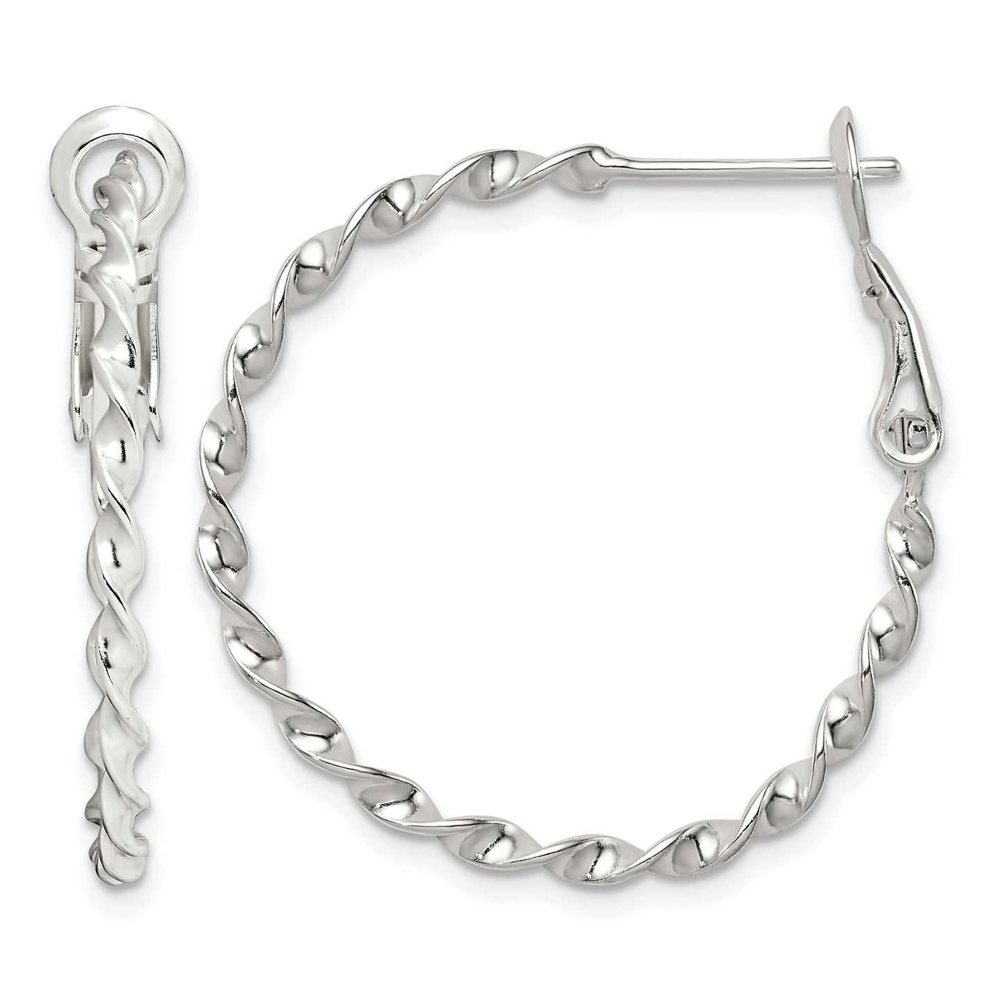 Sterling Silver Rhodium-plated Twisted Omega Back Hoop Earrings