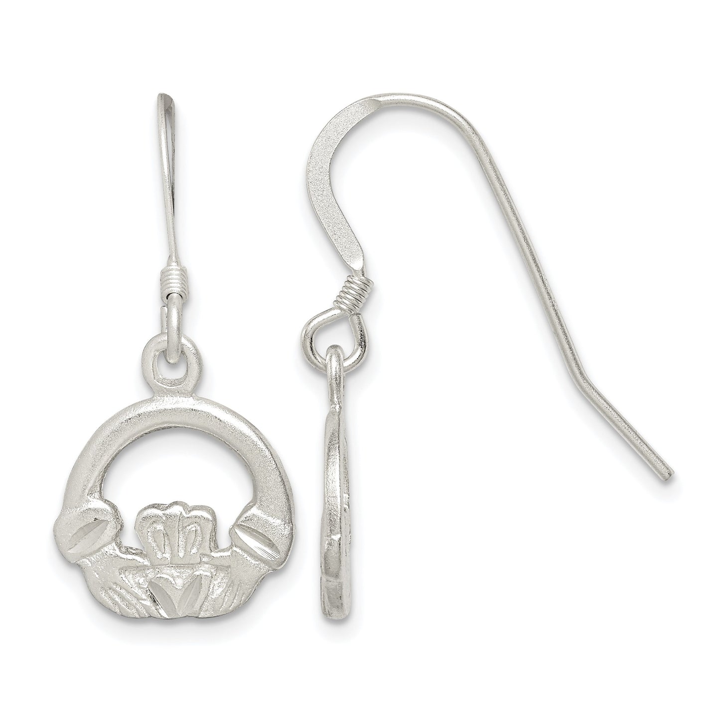 Sterling Silver Satin & Diamond-cut Claddagh Dangle Earrings