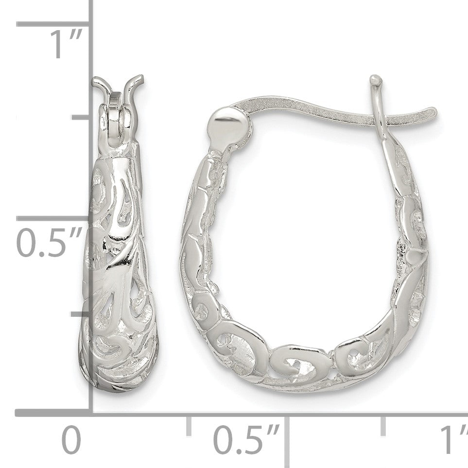 Sterling Silver Polished Filigree Oval Hoop Earrings