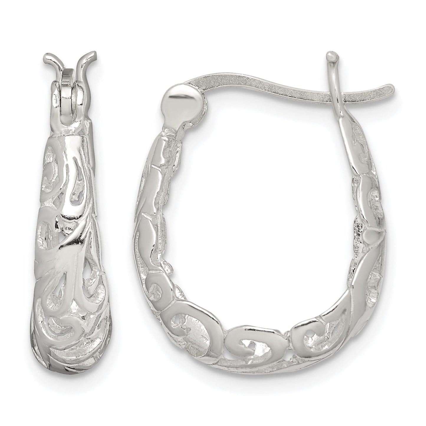 Sterling Silver Polished Filigree Oval Hoop Earrings