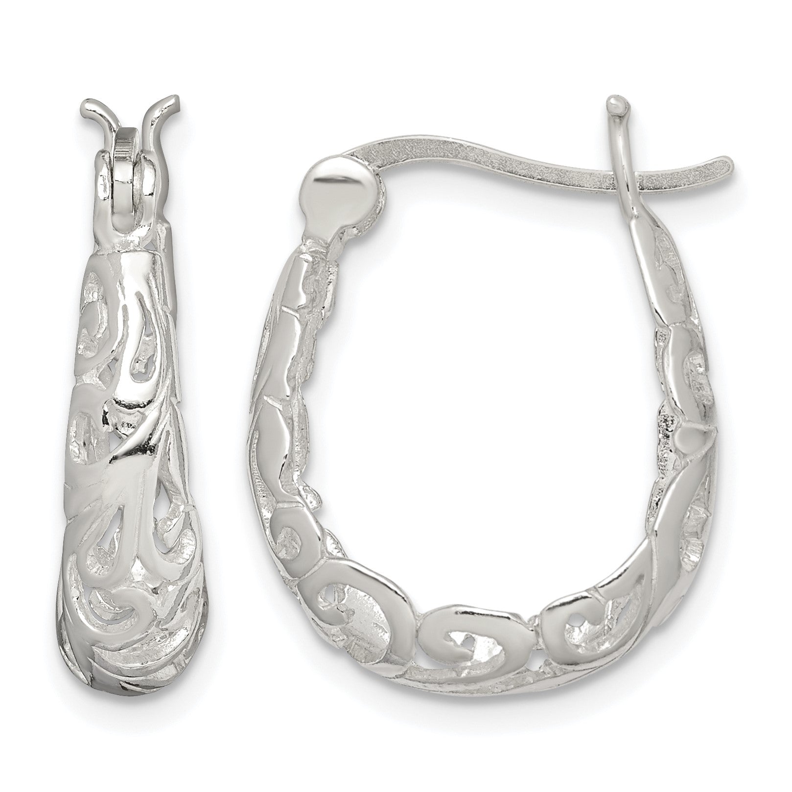 Sterling Silver Polished Filigree Oval Hoop Earrings