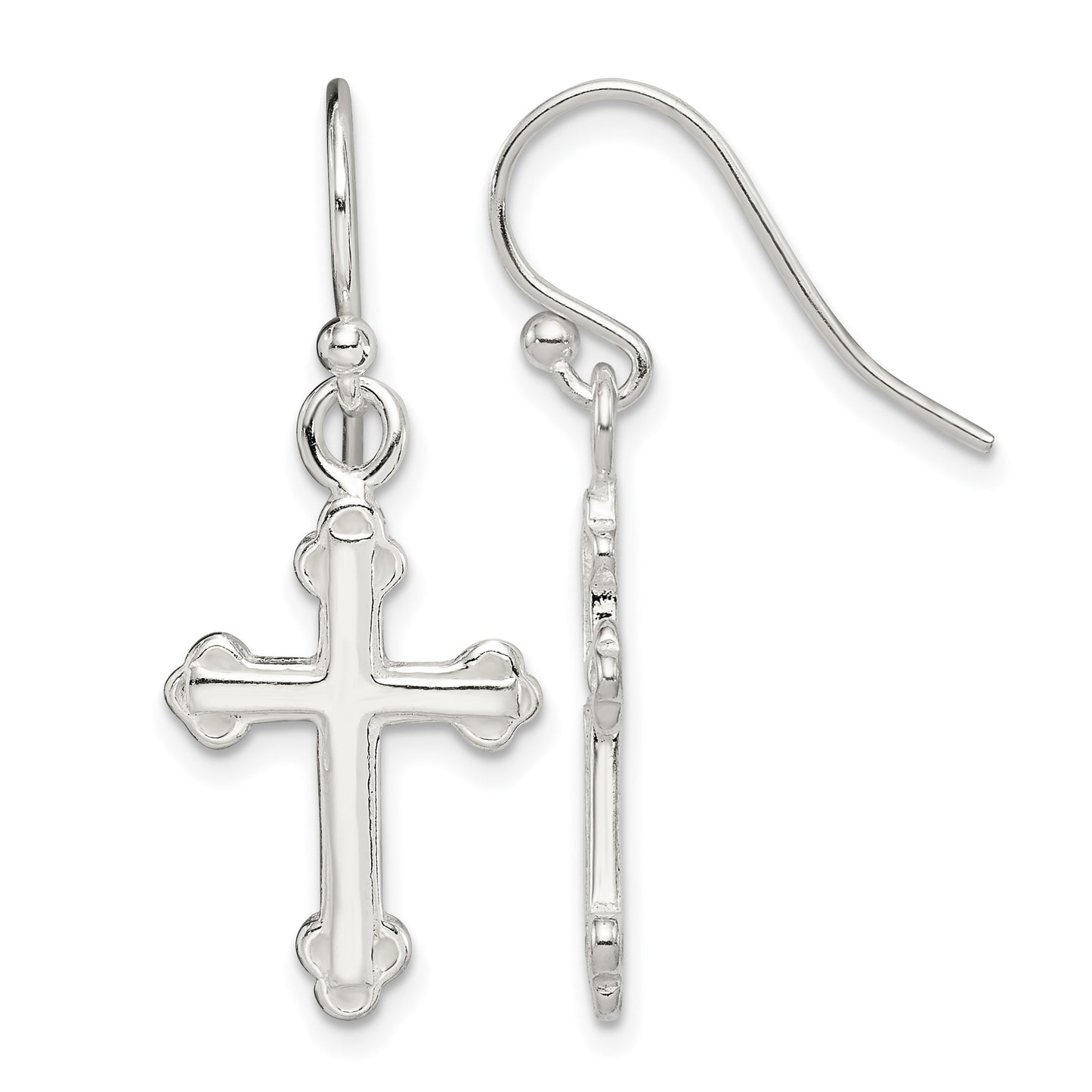 Sterling Silver Polished Budded Cross Dangle Earrings