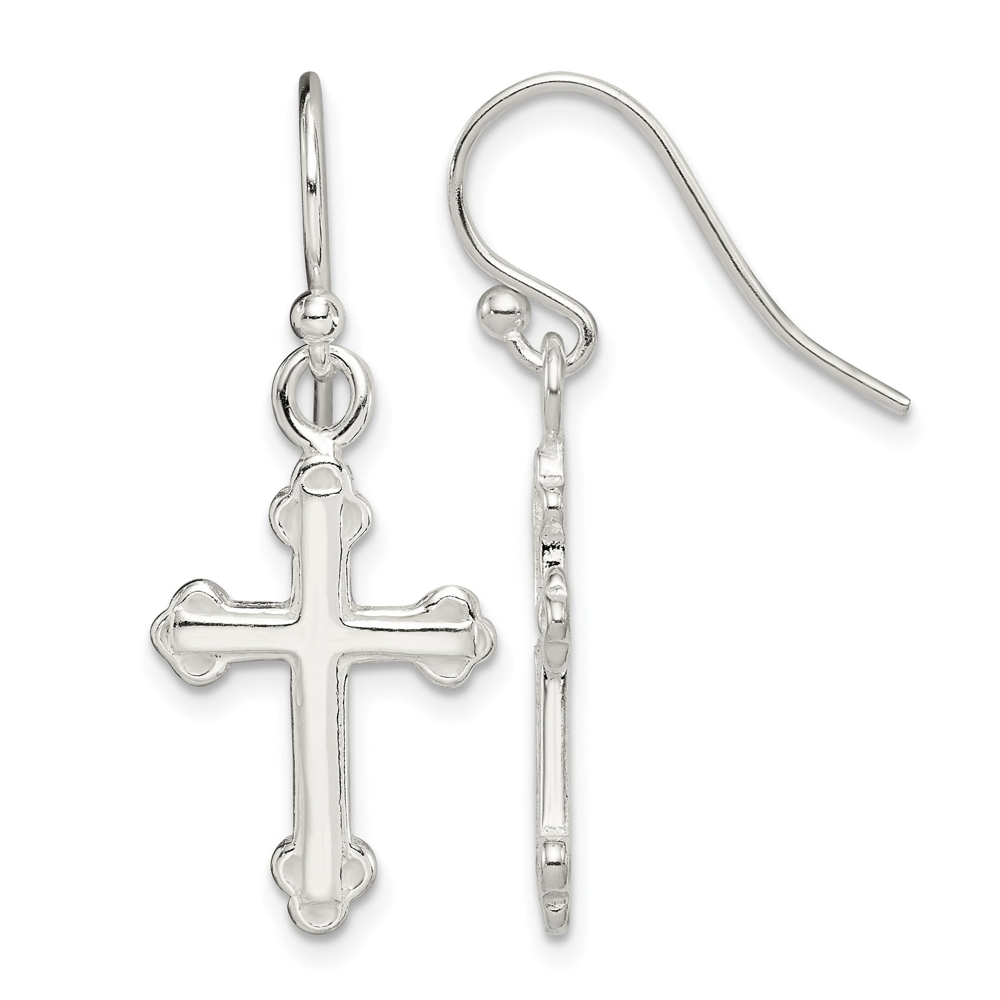 Sterling Silver Polished Budded Cross Dangle Earrings
