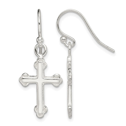 Sterling Silver Polished Budded Cross Dangle Earrings