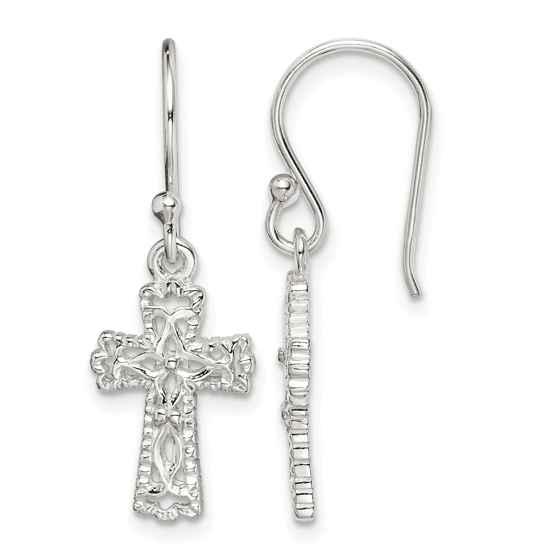 Sterling Silver Polished & Textured Cross Dangle Earrings