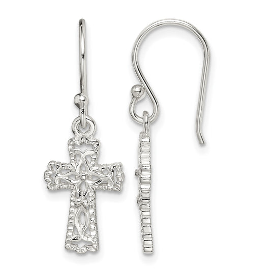 Sterling Silver Polished & Textured Cross Dangle Earrings