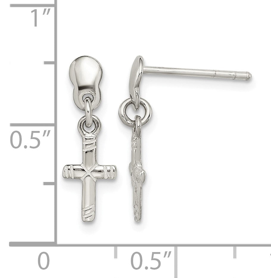 Sterling Silver Polished & Grooved Latin Cross Post Dangle Earrings