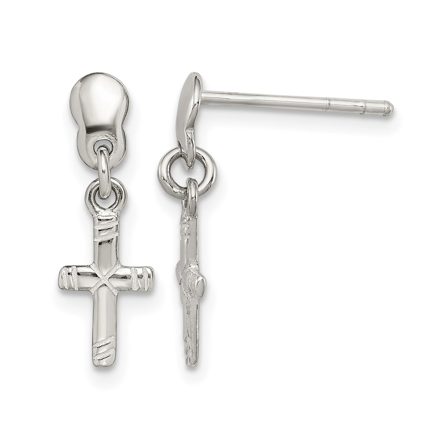 Sterling Silver Polished & Grooved Latin Cross Post Dangle Earrings