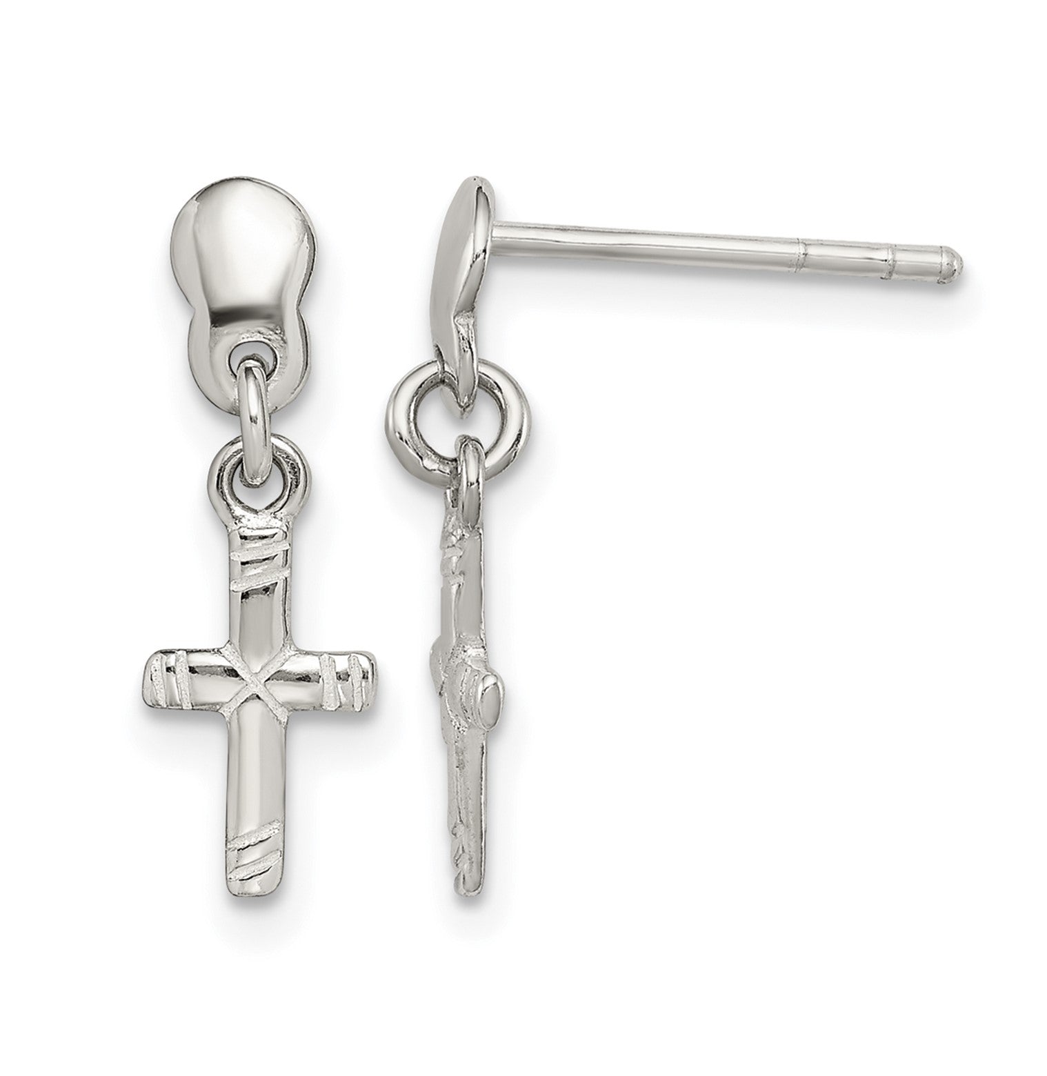 Sterling Silver Polished & Grooved Latin Cross Post Dangle Earrings