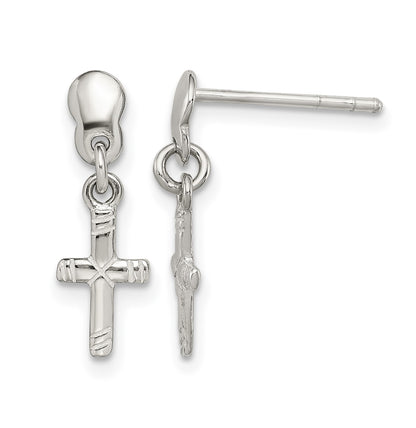 Sterling Silver Polished & Grooved Latin Cross Post Dangle Earrings