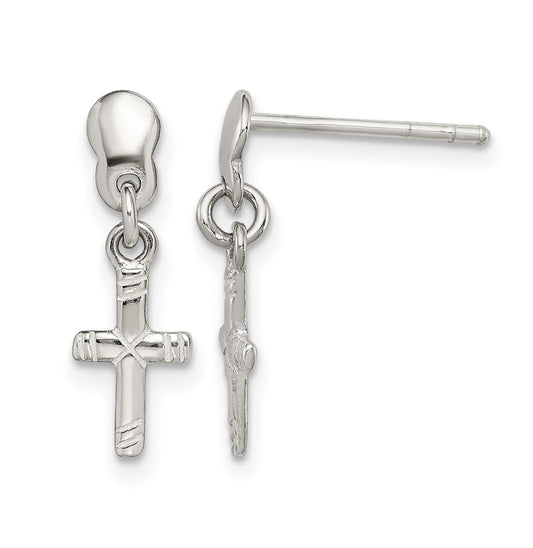 Sterling Silver Polished & Grooved Latin Cross Post Dangle Earrings