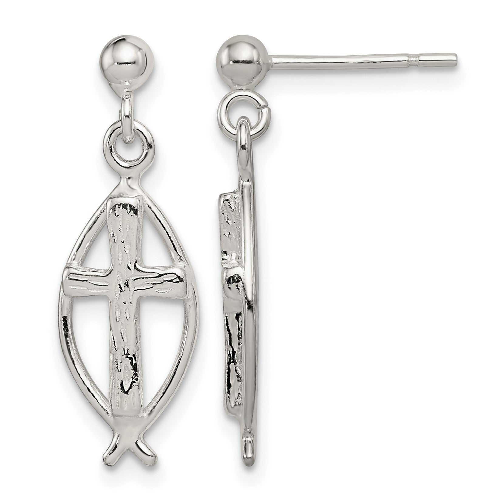 Sterling Silver Polished Antiqued & Textured Ichthus & Cross Post Dangle Earrings