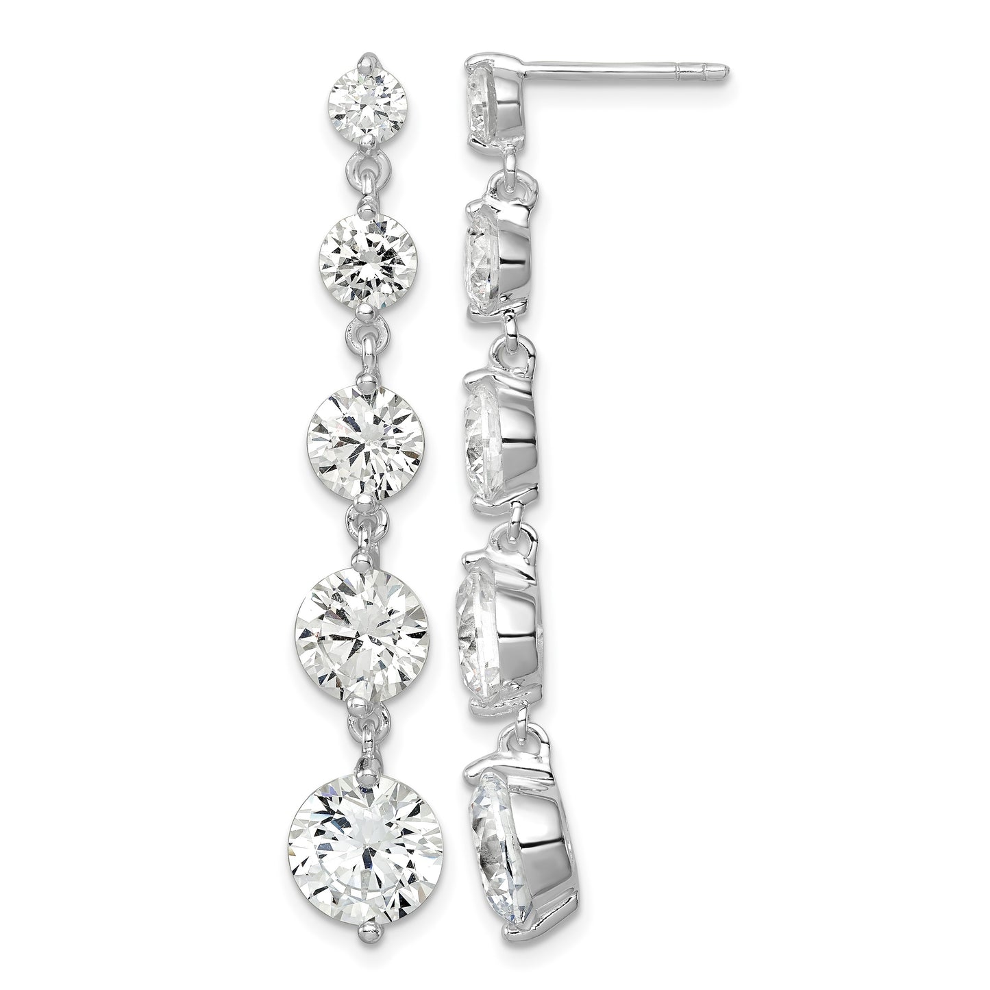 Sterling Silver Rhodium-plated Clear CZ Journey Dangle Post Earrings