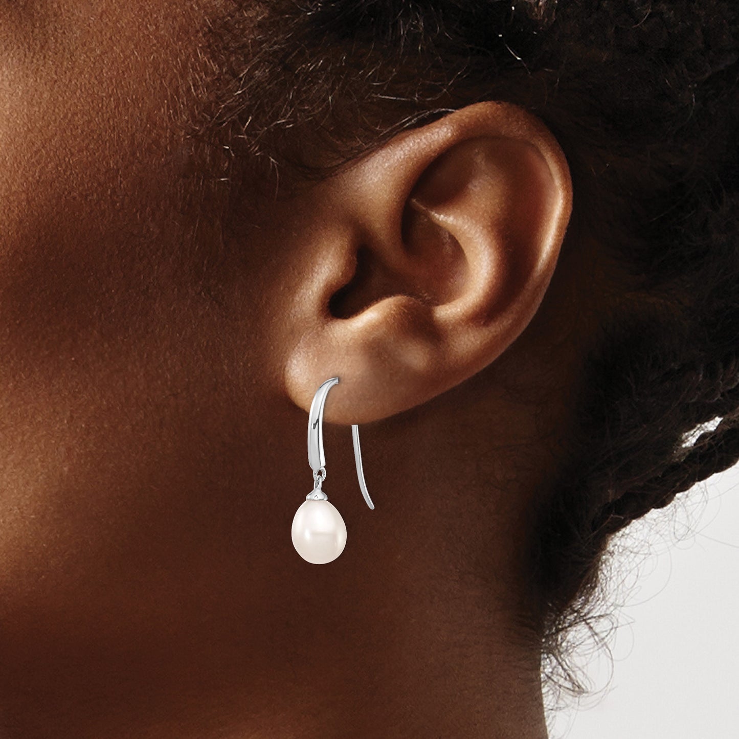 Sterling Silver Rhodium-plated 8-9mm White Teardrop Freshwater Cultured Pearl Dangle Earrings