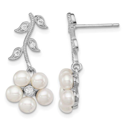 Sterling Silver Rhodium-plated White FWC Pearl CZ Flower Post Earrings